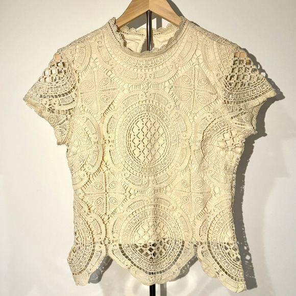 Ultra Pink Womens Cap Sleeve Beige Boho Lace Crochet Top Size M New With Tags - Picture 1 of 13